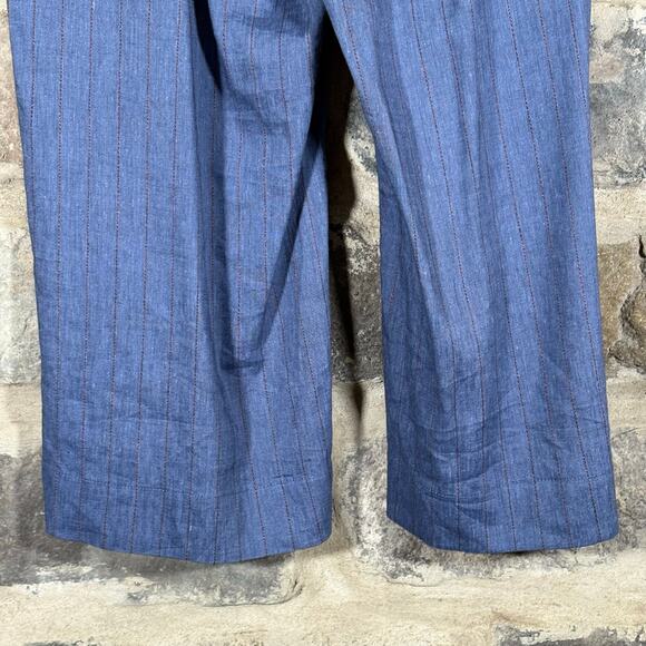 J. Jill Linen Stretch Pants Women Large Blue Brown Stripe Wide Leg Belted - Picture 8 of 14
